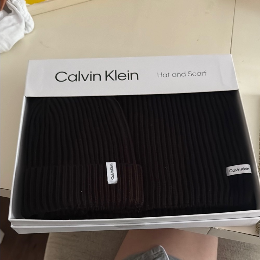 Calvin Klein Black Knit Hat and Scarf Set